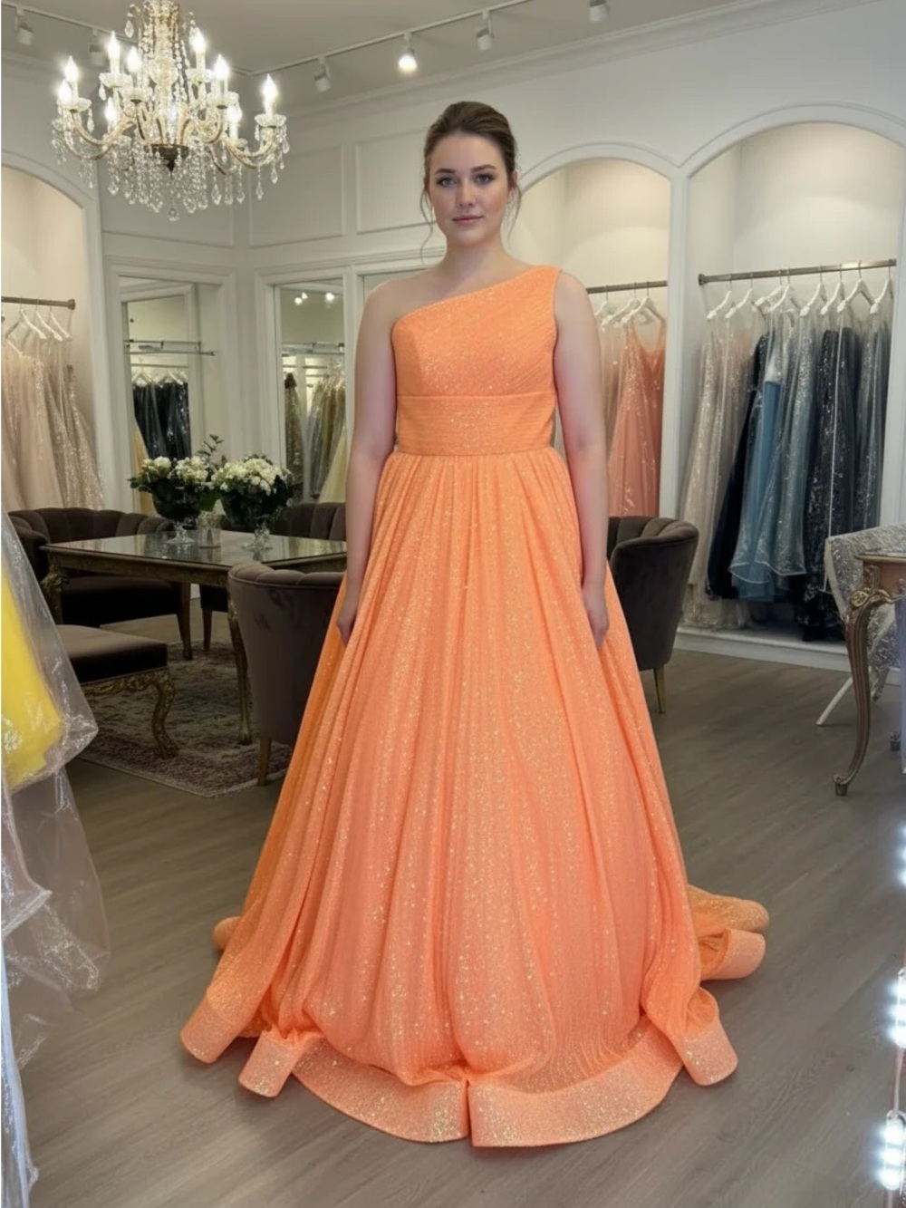 Sherri Hill One-Shoulder Sparkle Orange Ball Gown